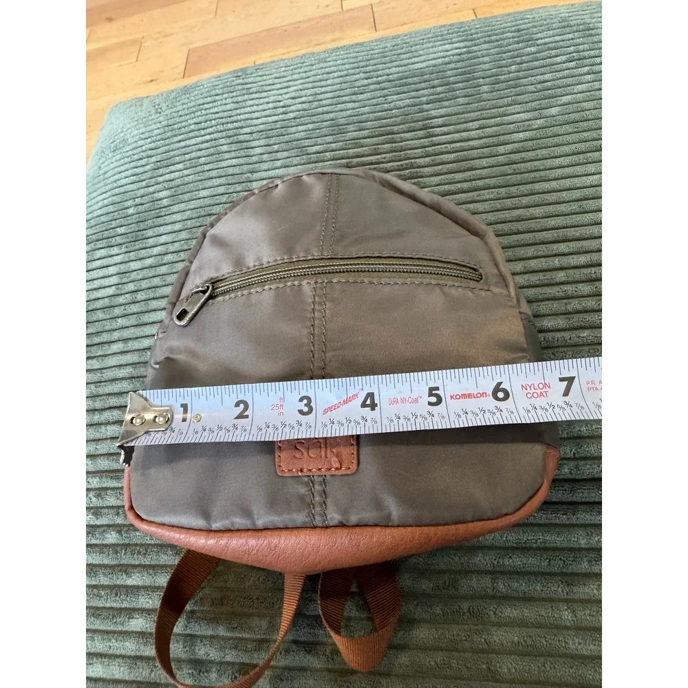 The Sak Mini Backpack Purse‎ Olive Brown Faux Leather Trim Travel Bag